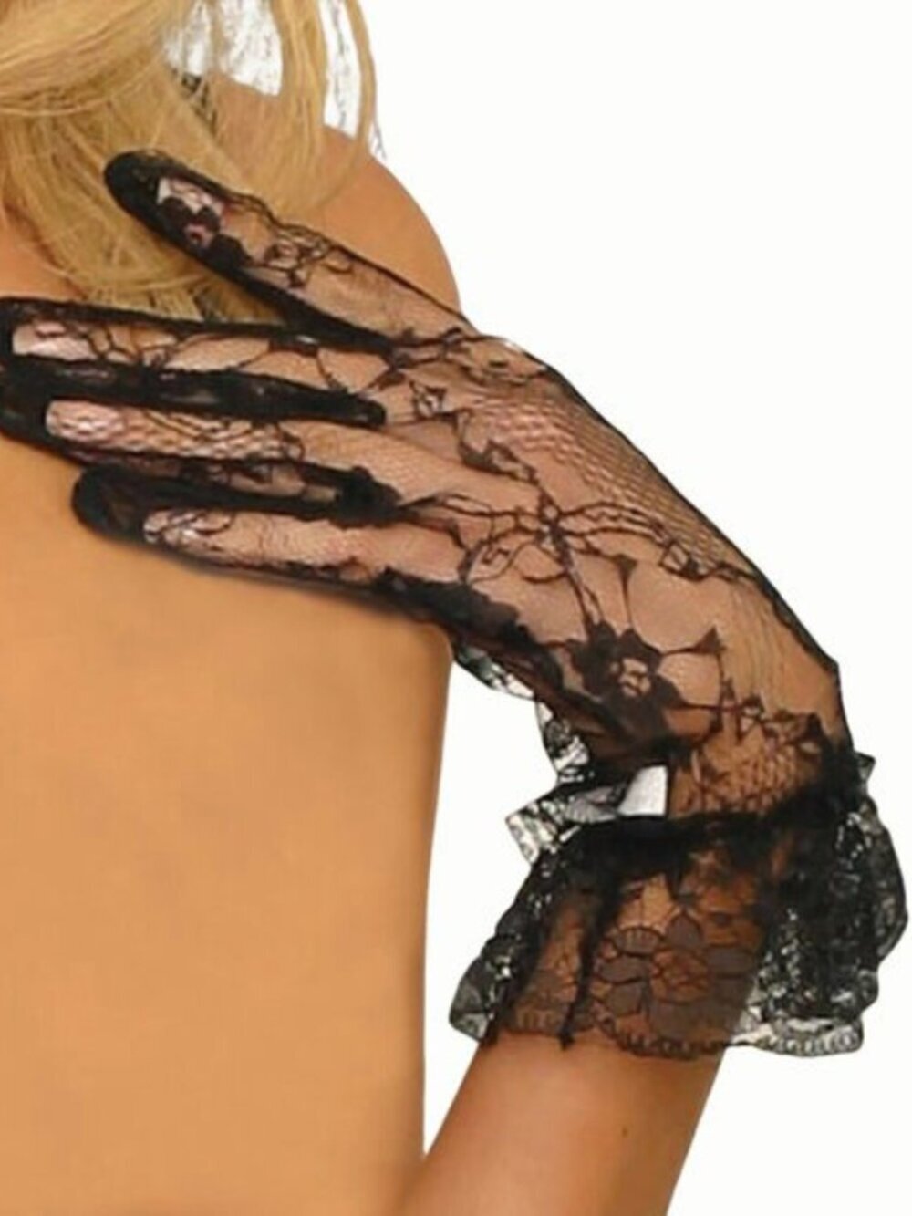 Black Lace Wrist Length Gloves with Ruffle Trim